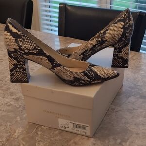 Marc Fisher Zala Snake-Print Block Heel Pumps in Neutral and Black